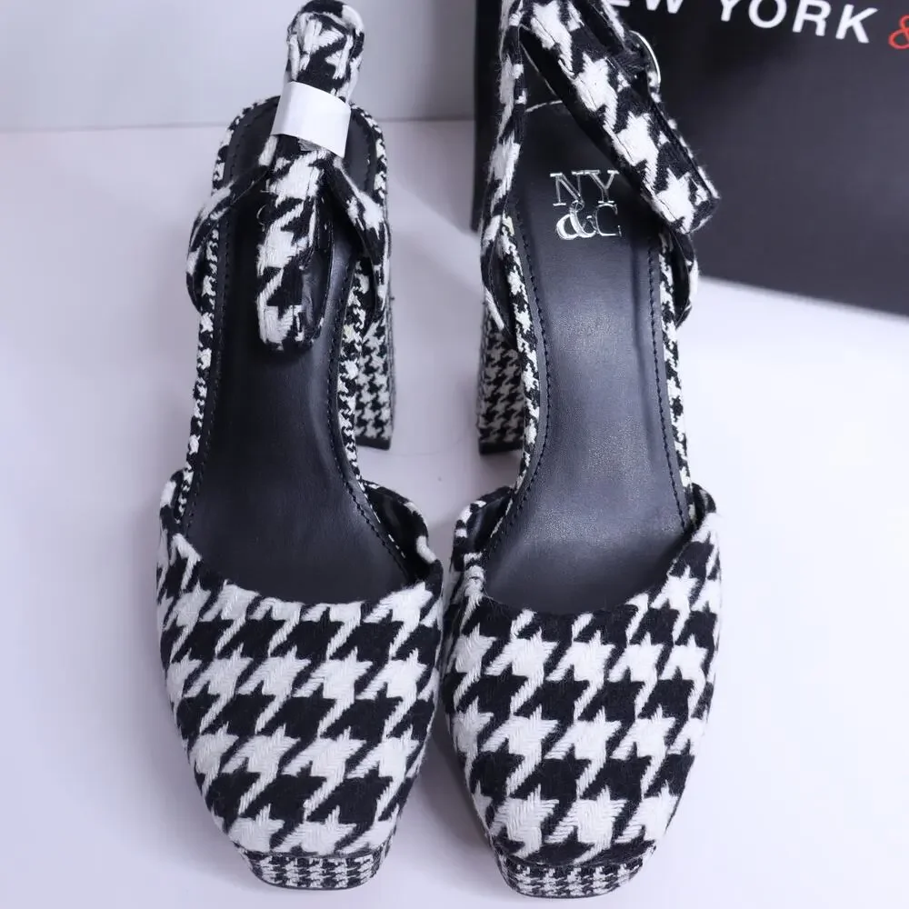 NEW YORK & COMPANY Laylani Houndstooth Heeled Platform Sandals NIB Women's 7.5